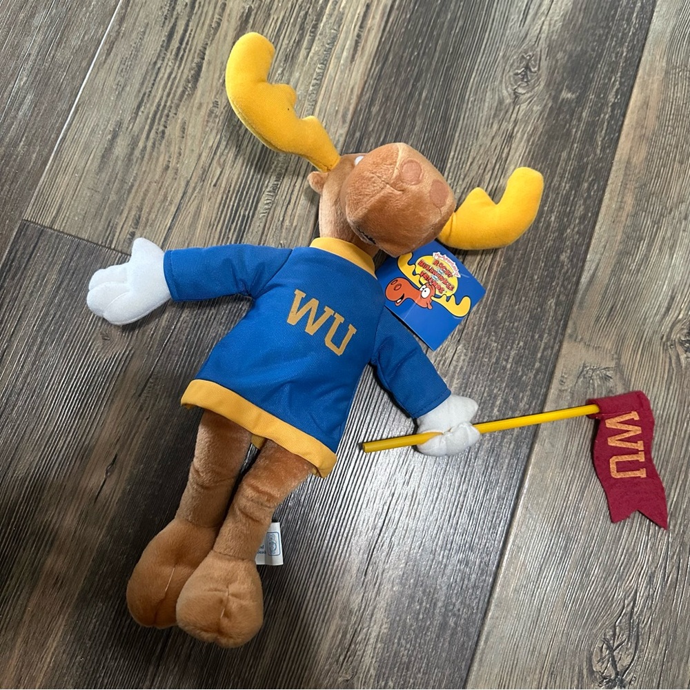Rocky & Bullwinkle Wossamotta University plush toy with WU flag vintage 2001
